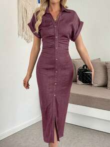 Vestido de mujer de unicolor con cuello, manga corta y plisado, de tela tejida, elegante para el verano - Burdeos - Ver 6