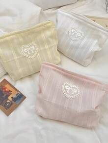 Bow Heart Embroidered Makeup Bag, Polyester Cosmetic Pouch With Zipper Closure, Large Capacity Travel Organizer, Beige And White (Pink) - Multicolor - View 4