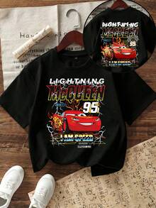 Disney Shining Boy (Double-Sided Print): Lightning McQueen, Cars, Elemental Cartoon Print, Casual And Simple Short Sleeved T-Shirt, Suitable For Spring And Summer Seasons, Suitable For Boys And Girls To Wear. Festival Gift - màu đen - Xem 1