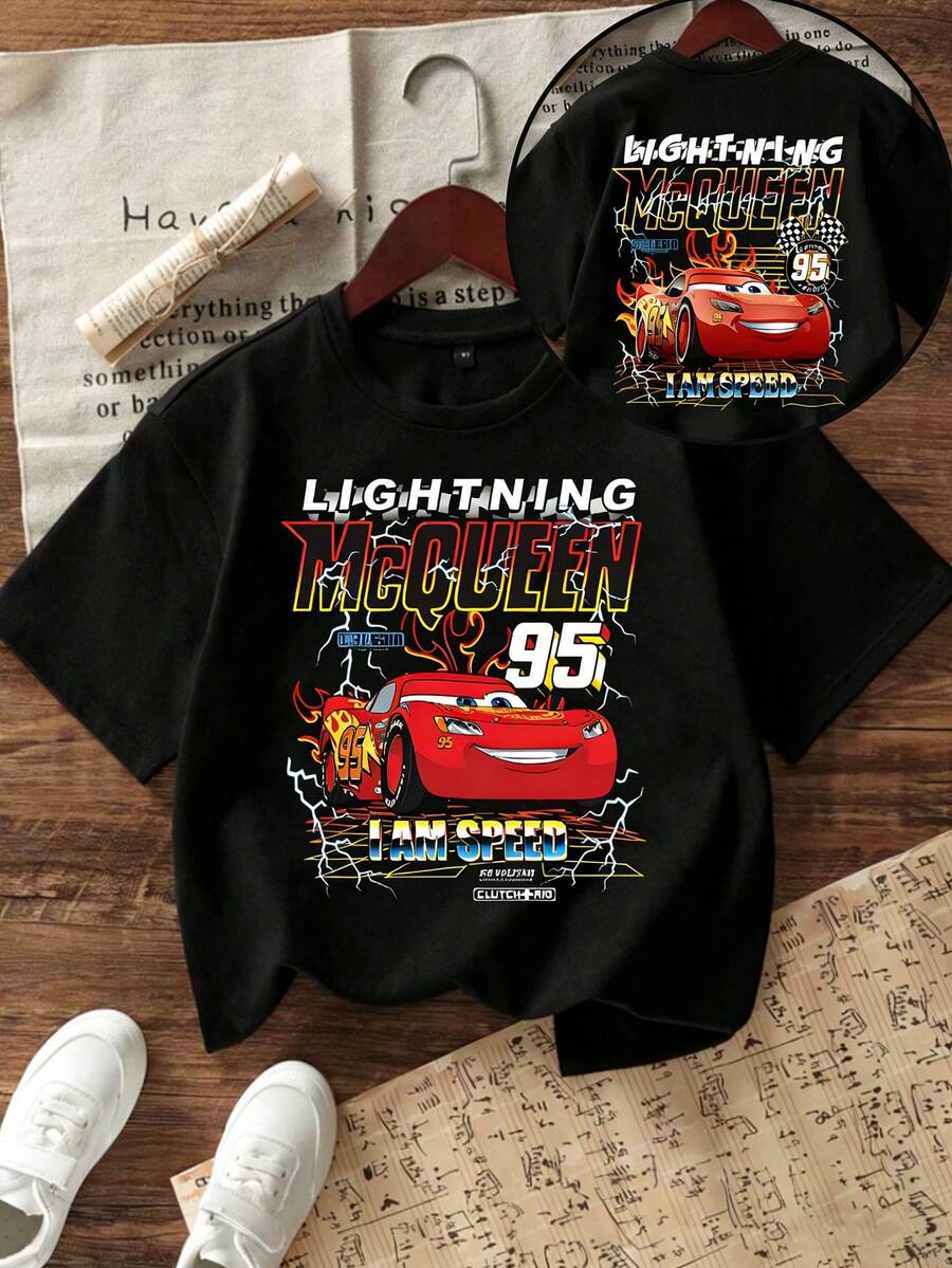 Disney Shining Boy (Double-Sided Print): Lightning McQueen, Cars, Elemental Cartoon Print, Casual And Simple Short Sleeved T-Shirt, Suitable For Spring And Summer Seasons, Suitable For Boys And Girls To Wear. Festival Gift - màu đen - Xem 1