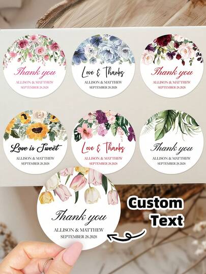 1-100pcs Custom Stickers, Custom Thank You Labels, Wedding Stickers, Custom Text Stickers, Floral Pattern Stickers, Waterproof Stickers, Perfect For Weddings, Thank You Banquets, Candy Gift Sealing, Gift Boxes, Colorful, Festive, Romantic, Exquisite, High-Quality, Ideal Gifts For Friends, Family, Couples, Lovers, Groom, Bride, Great For Anniversaries, Weddings