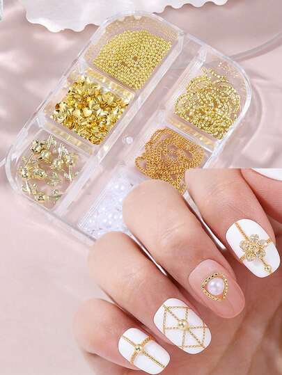 6 Grids 3D Nail Art Charms Set, Luxury Gold Metal Rose Heart Charms With White Pearls & Beads, Multi-Style Chains Nail Art Decorations Kit For Acrylic Nails DIY Manicure Design