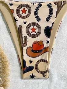 2026 Retro Western Cowboy Print Halter Tie-Up Sexy Bikini Swimsuit For Women - Multicolor - View 5