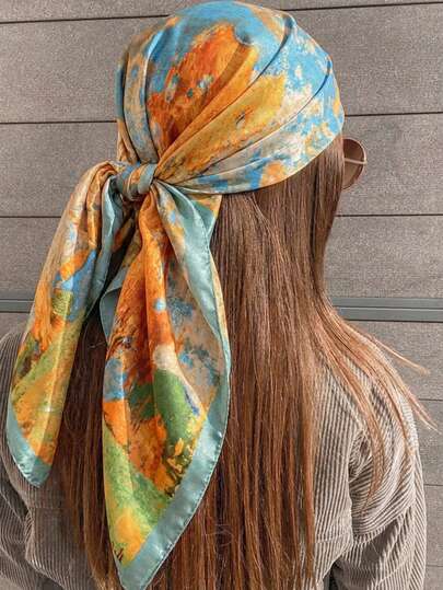 1件装女士高品质缎面头巾，秋日桦树林油画印花，优雅穆斯林头巾，适合搭配长袍和简约时尚服饰。