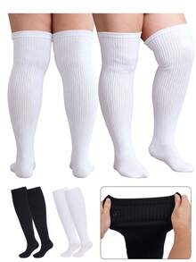Women Plus Size Thigh High Socks Knit Over The Knee Stocking Party & Daily - Black+White - View 1