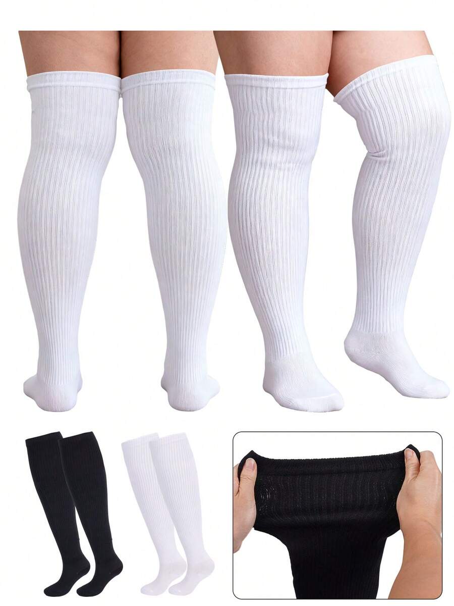 Women Plus Size Thigh High Socks Knit Over The Knee Stocking Party & Daily - Black+White - View 1