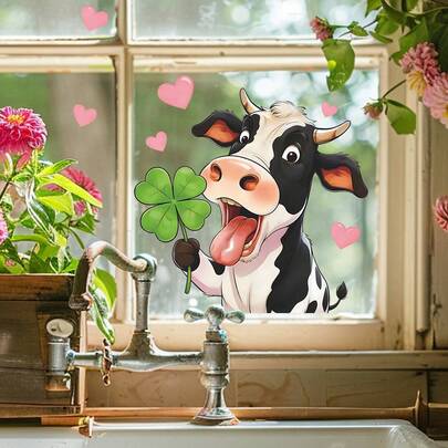 Hình dán tường bằng kính nhiều màu sắc, họa tiết bò hoạt hình, cỏ ba lá, trái tim, thích hợp trang trí phòng ngủ và phòng khách.