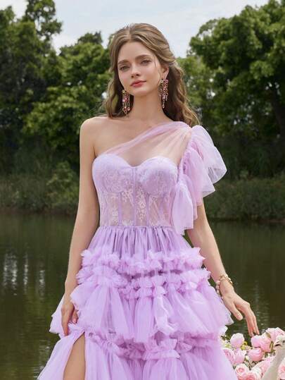 Faeriesty Elegant One-Shoulder Tulle Gown With Floral Applique, Open Back Lace-Up Detail, Multi-Layered For Wedding Photoshoot, Bridal Portrait, Garden Ceremony, Romantic Lakefront Editorial, And Nature-Inspired Celebration