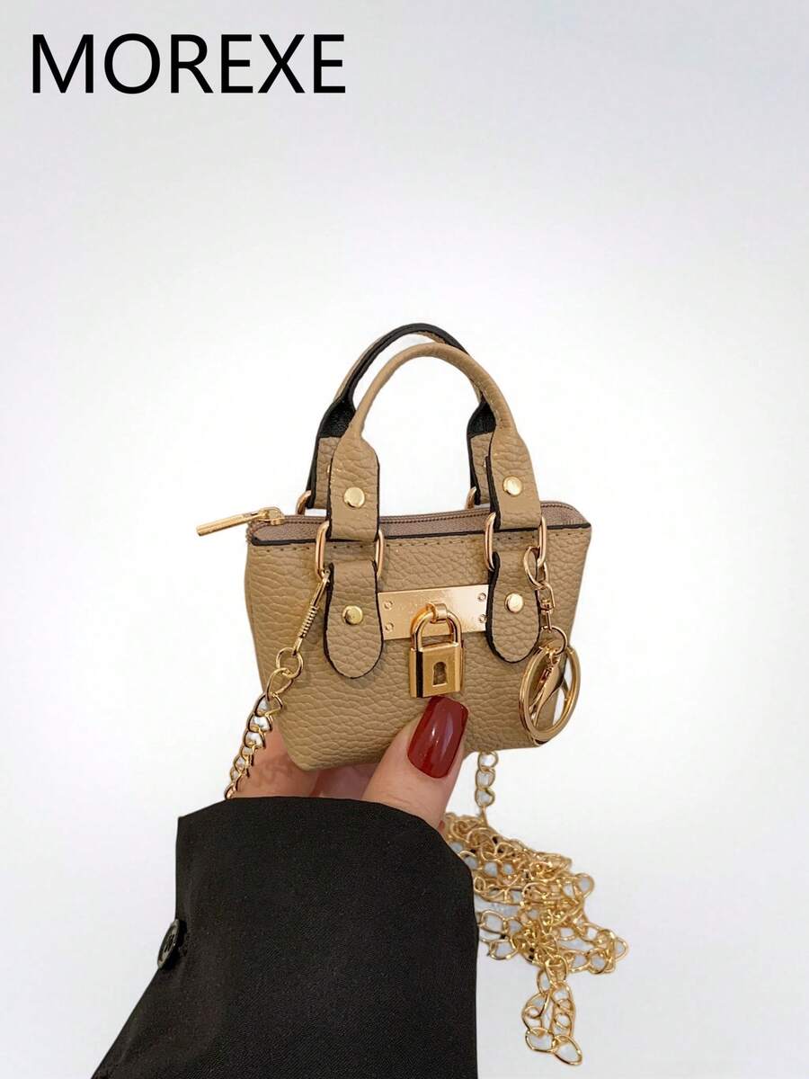 Women's Fashion Mini Handbag, New Stylish Lightweight Mini Tote Bag, Metal Chain Crossbody Bag - Khaki - View 1