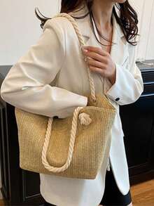 2025新款乡村风多功能女士单肩包，休闲大容量手提包，编织草编包，沙滩包，休闲风格 - 彩色 - 查看 6