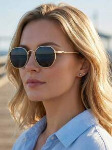 一副男女皆宜的简约时尚复古多边形金属眼镜，适合假日街拍和日常佩戴。 - 彩色 - 查看 2