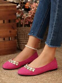 Women's Spring Rhinestone Casual Flat Loafers, Comfortable Breathable Slip-On Boat Shoes For Office Wear - Hot Pink - View 3