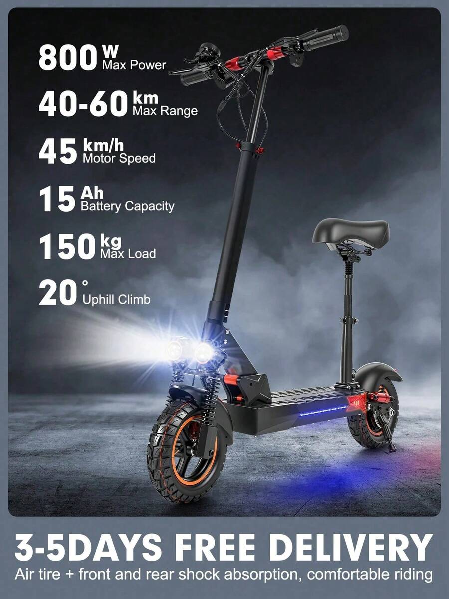 Folding Electric Scooter 10 Inch Tires 800w Motor 28mph Fast Speed Long Range Fast Charging With Seat Light Weight Easy Fold Full Suspension RGB Lights For Teenager Woman Adults Travel Commuting