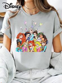 Disney Official Authorization | Women's Street Casual Short-Sleeve T-Shirt, Featuring A Print That Brings Together Multiple Princesses, Including Classic Characters Like , , And Merida, Along With A Dreamy Castle And  Balloon Elements. This Versatile Casual Piece Is Made Of Opaque Fabric, Is Machine Washable, And Is Perfect For Spring And Summer Wear. - 灰色 - 查看 1