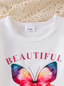 2pcs Baby Girl Set: Bow Letter Print Round Neck Short Sleeve T-Shirt Top And Bow Print Denim Long Pants Outfit - White - View 3