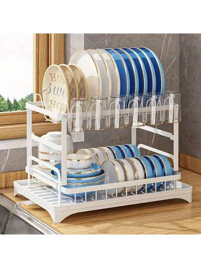 1pc Dish Drying Rack For Kitchen Counter Over The Sink, Detachable Larger Capacity 2-Tier Dish Drying Rack Drainboard Set With Double-Layer Bowl Rack, Cup Rack, Drain Board, Sticky Board Rack, Cutlery Rack, Kitchen Accessories, Black & White