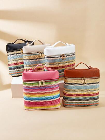 1个女童波西米亚彩虹条纹草编手提包，复古手提单肩包，斜挎包，购物、派对吸睛单品，精美礼物