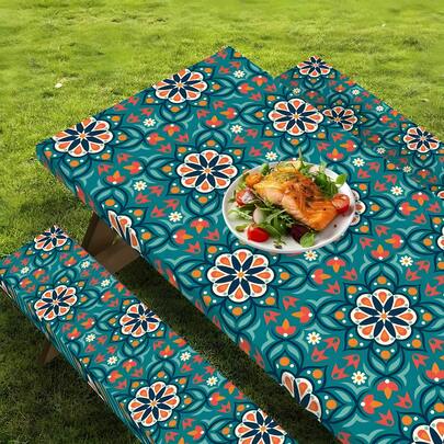 3pcs Outdoor Camping Picnic Tablecloth, Elastic Edge Polyester Material - Green Design, Suitable For Camping, Picnic And Garden Party, Tent Camper Gift, Tablecloth, Table Decor