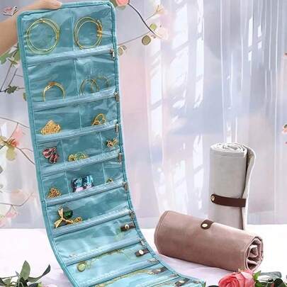 Multi-Pocket Flannel Jewelry Organizer Compact PVC Rolled Jewelry Storage Bag Solid Color Anti-Lost Rings Necklace Storage Pouch