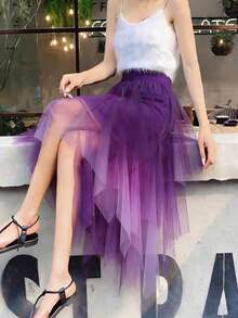 Chân váy lưới voan bất đối xứng ombre, chân váy midi bồng bềnh xuân/hè mới, chân váy phong cách tiên nữ - Chuyển màu tím - Xem 2