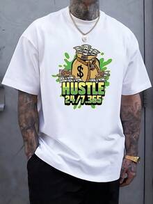 Camiseta holgada para hombre con estampados de bolsa de dinero, símbolo de dólar y monedas, junto con estampados de frases coloridas. Ofrece un aspecto casual y elegante, fácil de lograr un estilo relajado. Es agradable al tacto y transpirable, resistente a la deformación incluso después de un uso prolongado, lo que la hace cómoda para el transporte diario y las salidas. - Blanco - Ver 1