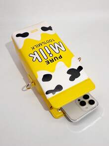 Fashionable Milk Carton Shaped Letter & Cow Print Crossbody Bag, With Detachable Strap And Zipper Closure, Casual Commuter Sling Bag Suitable For Travel And Daily Use, Strawberry Pattern Square Handbag - Yellow - View 10