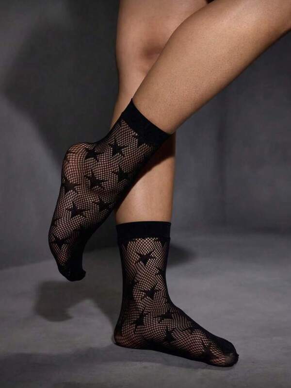 1 Pair Black Star Jacquard Fishnet Ankle Socks, Sexy Star Pattern Tight Stockings, Sexy Outfit