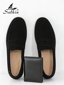 Salkin Designer Fashion Men's Slip-On Loafers, Faux Suede Casual Shoes, Soft, Comfortable, Breathable, Non-Slip, Durable Flat Shoes, Versatile For Suits, Students, Graduation, Business, Party, Wedding, Spring/Summer/Autumn, Plus Size, Multiple Colors Available. Note: Runs Small, Please Order One Size Up. Old Money Chic Autumn - Black - View 5