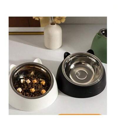 15° Detachable & Washable Cute Cat Design Stainless Steel Pet Cat Bowl With Tilted Neck Protection. Anti-Vomiting 15 Degree Inclined Cat Basin, Stable Base, Not Easy To Overturn, Pet Drinking Or Feeding Station, Cat Supplies, Cat Food Bowl, Cat Bowl Set, Suitable For Indoor Cats And Dogs, Dishwasher