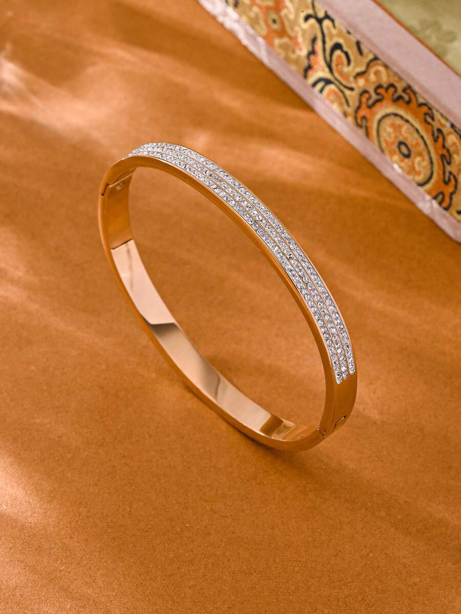 1 pieza Pulsera de acero inoxidable en color oro rosa/plateado/dorado con diamantes, material, elemento clásico eterno, estilo minimalista de alta calidad para uso diario - Oro rosa - Ver 1