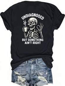 1pc UNDIAGNOSED BUT SOMETHING AIN'T RIGHT Graphic Print Casual Crew Neck T-Shirt For Women, Camiseta Con Estampado Gráfico, Comfortable Fit Graphic Tees, Suitable For All Seasons, Daily Wear Clothes, School Wear, Street Wear Tops - màu đen - Xem 1