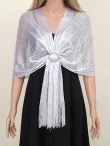 1pc Shiny Silver Thread Flat Shawl With Clasp, Suitable For Brides, Formal Dances, Paired With Evening Gowns, Graduation Ceremonies - White - View 8