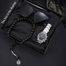 3pcs Men's Elegant Watch + Fashionable Glasses + Versatile Beaded Bracelet Gift Set, Perfect Gift For Father's Day, Birthday, Anniversary - Silver - View 7
