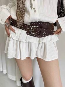 1pc Y2K Punk Style Rivet Curved Waist Belt, American Asymmetrical Waist Band - Brown Silver Buckle - View 1
