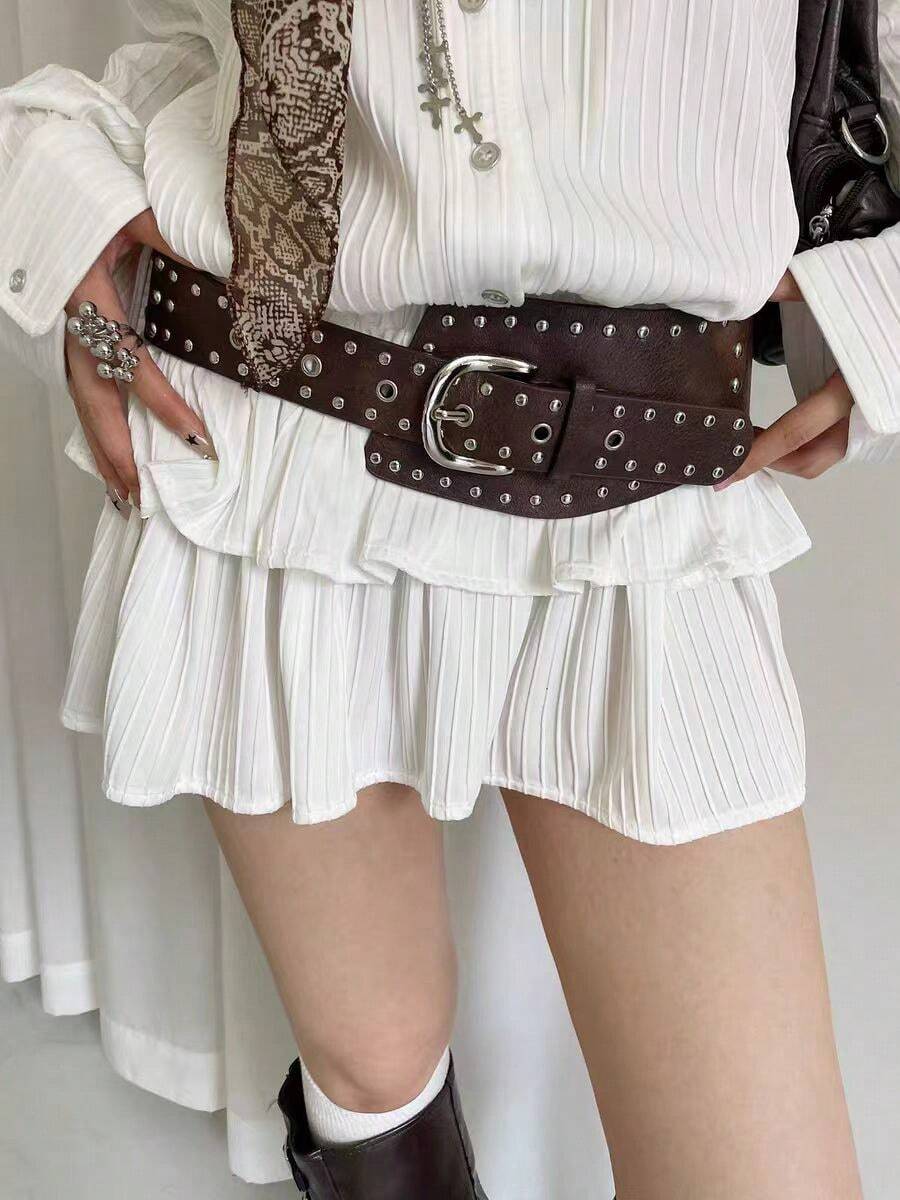 1pc Y2K Punk Style Rivet Curved Waist Belt, American Asymmetrical Waist Band - Brown Silver Buckle - View 1