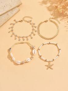 4pcs/Set Fashion Rhinestone Tassel Bracelet, Starfish Pendant Multilayer Bohemian Jewelry Set, Suitable For Women Vacation, Date, And Daily Wear - Multicolor - View 2