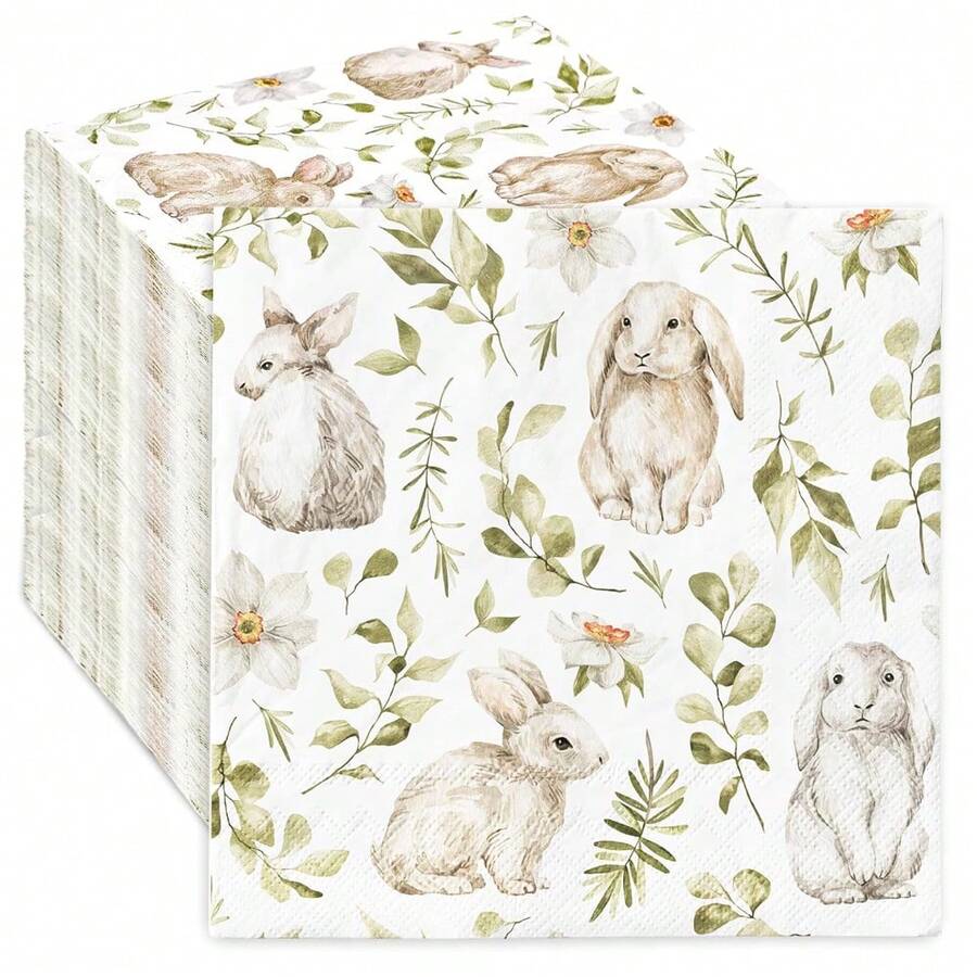 20/40/60张复活节水彩兔子一次性餐巾纸，6.5英寸 x 6.5英寸，复活节派对餐桌装饰餐巾纸