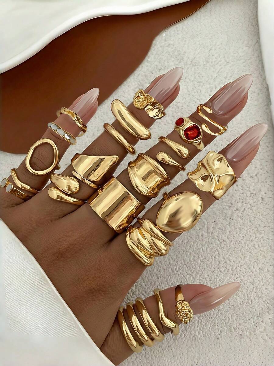21件套女士戒指套装，金色复古波西米亚风格，优雅厚实光滑不对称褶皱夸张独特简约多件套可叠戴戒指，适合日常、聚会、派对、宴会，是节日、生日、周年纪念日送给女性的珠宝礼物。 - 金黃色 - 查看 1