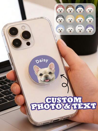 1pc Customize Photo Pet Portrait Phone Grip,Personalized Dog/Cat Photo Phone Holder With Custom Name & 12 Color Options,Pet-Themed Phone Stand For Pet Lovers, Pet Owner & Gift Givers,Pet Party Favors,Personalized Gifts