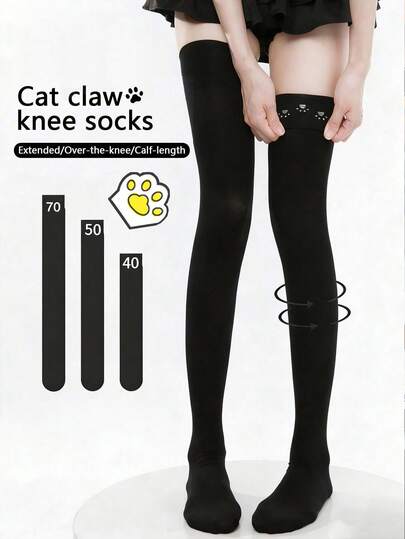 1 Pair Black Silicone Non-Slip Extra Long Over-The-Knee Socks, Women Slimming JK Socks 70cm Length, Velvet Thigh High Stockings, Black & White Cat Paw Non-Slip Calf High Socks, Versatile Slim Breathable Pure Aesthetic School Style