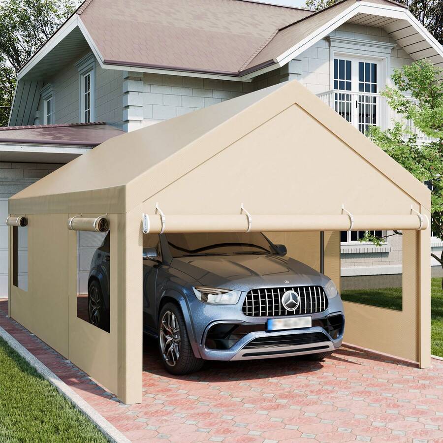 JAMFLY Carport, Heavy Duty Carport With Roll-Up Windows, Portable Garage With Removable Sidewalls & Doors, Car Canopy With Sandbags And All-Season Tarp For Car Boat Truck Motorcycle - Khaki - View 1