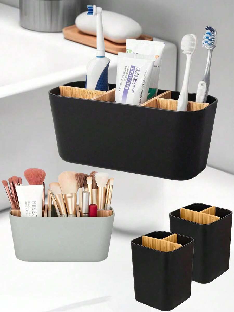 1个白色浴室牙刷架，5格竹制牙刷收纳架，适用于浴室梳妆台，可放置电动牙刷、牙膏、剃须刀，哑光黑色浴室牙刷架，牙刷牙膏收纳盒，适用于浴室台面配件