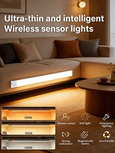 1 đèn LED siêu mỏng cảm biến chuyển động 3 màu có thể điều chỉnh, lắp đặt không dây, 3 chế độ chiếu sáng (sáng liên tục + cảm biến chuyển động), 3 nhiệt độ màu, có thể điều chỉnh độ sáng, thích hợp cho tủ/phòng ngủ/phòng khách/văn phòng/cầu thang/lối vào, có thể sạc lại.