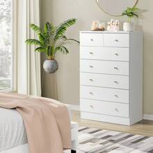 White 7 Drawer Dresser For Bedroom, Modern Wood Dresser Chest Of Drawers, Rustic Bedroom Dressers Nightstand, Anti-Tipping Device, Rose Gold Metal Handle, Living Room, Hallway, Office - 白色 - 查看 3