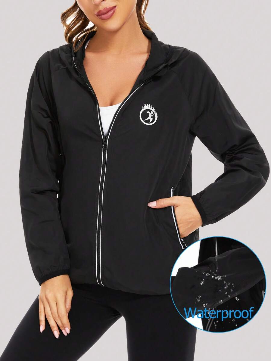 女士防水雨衣轻便带帽雨衣旅行户外徒步跑步 - 黑色 - 查看 1