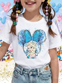 Disney Frozen Elsa Watercolor Castle Minnie Bow Ears Printed Pattern T-Shirts For Girls - Children's Clothing Design Short-Sleeved Casual And Cute Style Comfortable And Casual Wear All Year Round Suitable For Parties And Play Machine Washable Gift Children's Clothing Girls' Short-Sleeved Shirts - White - View 1