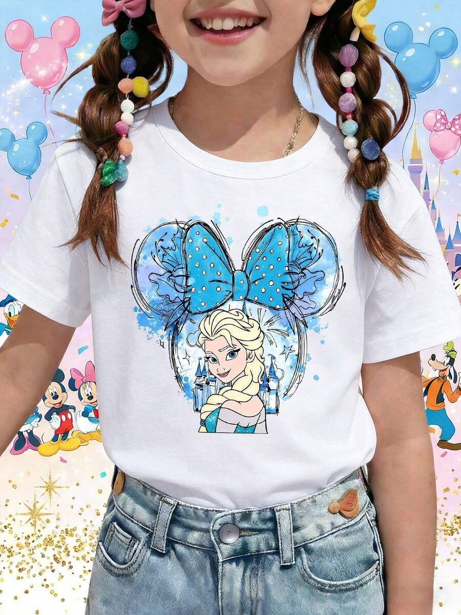Disney Frozen Elsa Watercolor Castle Minnie Bow Ears Printed Pattern T-Shirts For Girls - Children's Clothing Design Short-Sleeved Casual And Cute Style Comfortable And Casual Wear All Year Round Suitable For Parties And Play Machine Washable Gift Children's Clothing Girls' Short-Sleeved Shirts - White - View 1