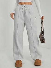 Pantalon droit décontracté pour femmes, taille élastique à cordon de serrage, couleur unie, convient pour le printemps/automne - Gris pâle - Voir 6