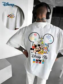 Disney Authorized Fashion Spring/Summer Men's Casual Short Sleeved T-Shirt, Mickey Mouse T-Shirt, Mickey Family+Castle+Fireworks Love Element, Disneyland Shirt, Disney Journey 2026 T-Shirt, Disney Family Shirt, Disney Gift, Soft And Comfortable, 220g Pure Cotton Disney Printed Round Neck Short Sleeved T-Shirt, Suitable For Daily Travel And Travel Parties, Suitable For Holiday Gifts - White - View 1