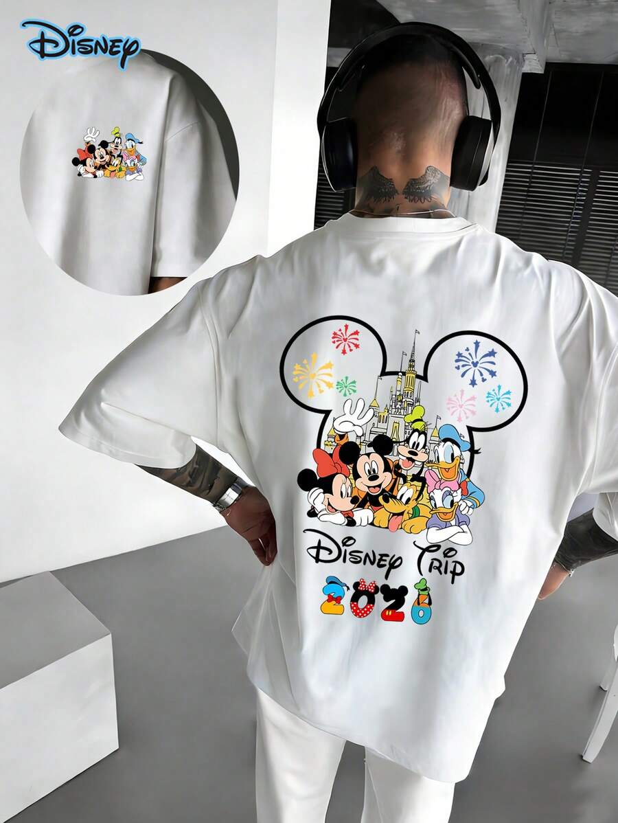 Disney Authorized Fashion Spring/Summer Men's Casual Short Sleeved T-Shirt, Mickey Mouse T-Shirt, Mickey Family+Castle+Fireworks Love Element, Disneyland Shirt, Disney Journey 2026 T-Shirt, Disney Family Shirt, Disney Gift, Soft And Comfortable, 220g Pure Cotton Disney Printed Round Neck Short Sleeved T-Shirt, Suitable For Daily Travel And Travel Parties, Suitable For Holiday Gifts - White - View 1